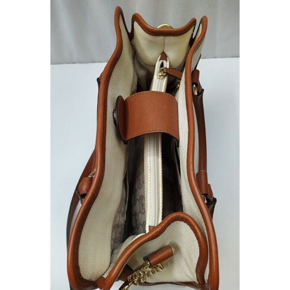 Michael Kors Hamilton Ivory Canvas Leather Trim Red Stripe Satchel Shoulder Bag - Picture 8 of 14